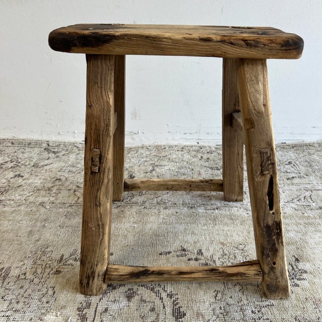 Brown Vintage Elm Wood Stool For Sale - Image 8 of 8