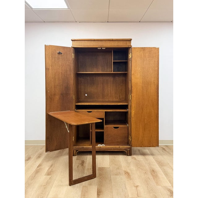 Mid 20th Century Coastal Boho Faux Bamboo Wicker Rattan Armoire Wardrobe Combo With Foldout Desk For Sale - Image 10 of 15