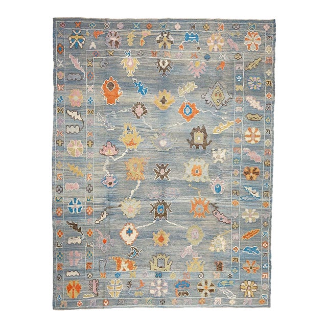 21st Century Turkish Oushak 9x12 Gray, Orange & Slate Blue Handmade Area Rug #A.C.201 For Sale