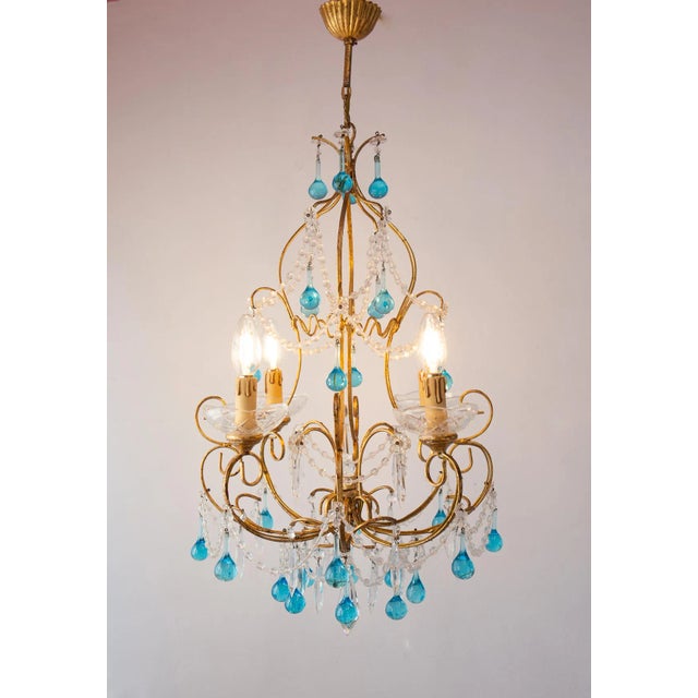 Italian Chandelier with Blue Glass Droplets, 1960s, in Very Good conditions. Designed 1960 to 1969 Up to 250V (Europe/UK...