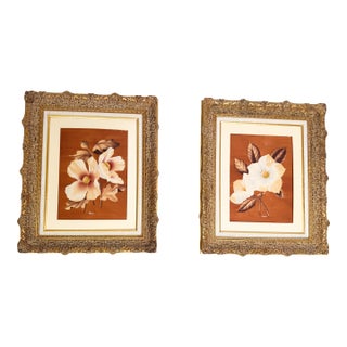 Large Vintage Mid Century Hollywood Regency Floral Prints by S. Harris in Ornate Frames — A Pair For Sale