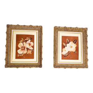 Large Vintage Mid Century Hollywood Regency Floral Prints by S. Harris in Ornate Frames — A Pair
