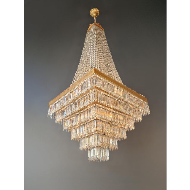 Art Deco Antique Art Deco Crystal Chandelier Brass Tiered Square Design Restored For Sale - Image 3 of 8