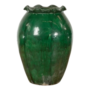 Large Antique Thai 19th Century Green Glazed Planter with Scalloped Lip