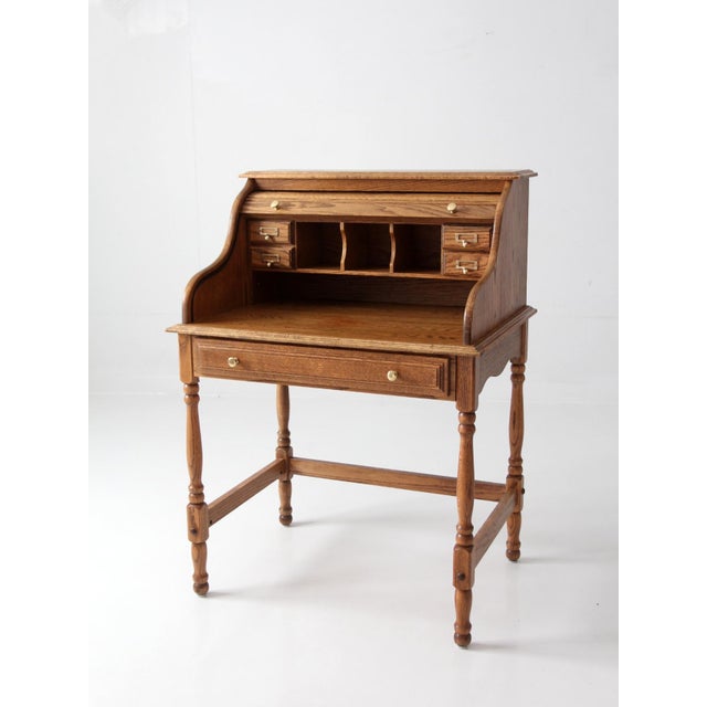 Mid-Century Modern Vintage Oak Roll Top Secretary Desk For Sale - Image 3 of 17
