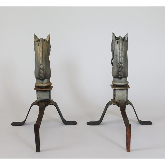 Early 20th Century Pair of Vintage Cast Iron Horse Head Andirons For Sale - Image 5 of 13