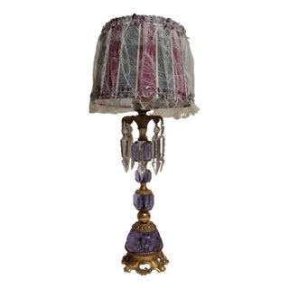 Vintage Table Lamp with Brass-Colored Metal Frame with Purple Glass Inserts and Handmade Fabric Shade from Lamplove, 1980s For Sale