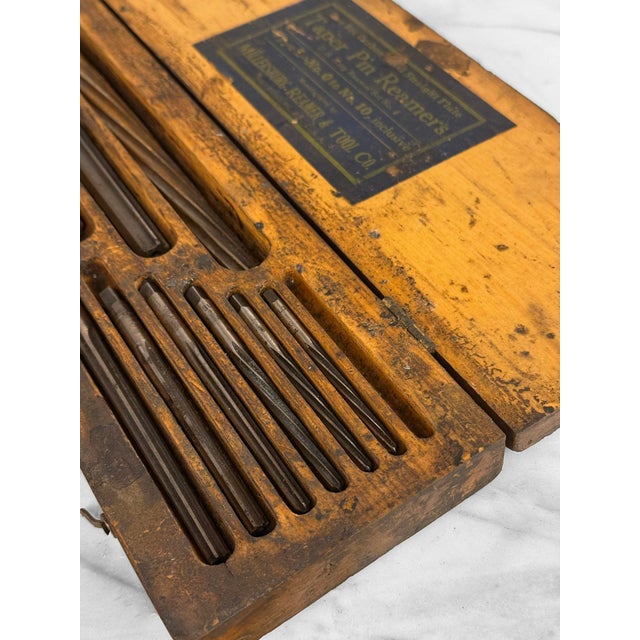 Antique Traditional Wood Tool Storage Box With Millersburg Reamer Bits For Sale - Image 10 of 12