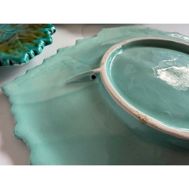 Ceramic Vintage Portuguese Majolica Leaf Plates – Set of 6 Turquoise & Green Glazed For Sale - Image 7 of 12