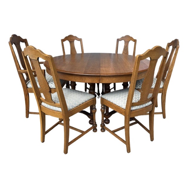 7 Piece j.b. Van Sciver Co. Refinished Antique Oak Round Dining Set With Two Leaves For Sale