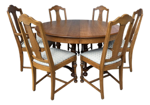7 Piece j.b. Van Sciver Co. Refinished Antique Oak Round Dining Set With Two Leaves