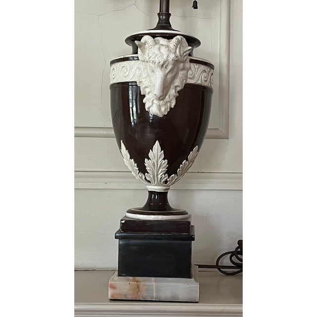 Brown Fine Antique 19th Century Italian Creamware Urn With Goat Mask Handles Mounted as a Table Lamp For Sale - Image 8 of 15