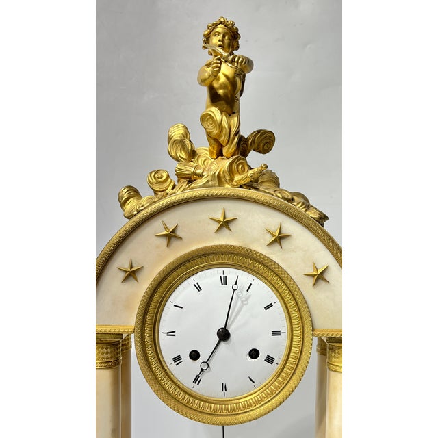 Metal 19th Century French Empire Ormolu Bronze and White Marble Portico Clock For Sale - Image 7 of 12