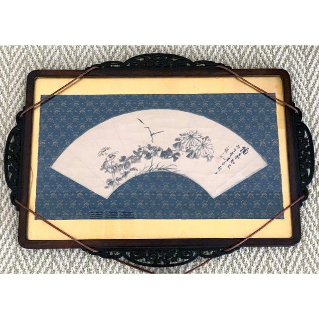 An ink painting on the fan surface by Japanese Zen artist Hidaka Tetsuo (1791-1871), now framed in a traditional Japanese...