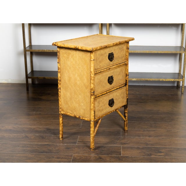 Small English 1920s Mottled Bamboo Three-Drawer Chest with Floral Décor For Sale In Atlanta - Image 6 of 12