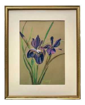 Vintage Mid Century Pastel Drawing of an Iris Flower by Gvoni