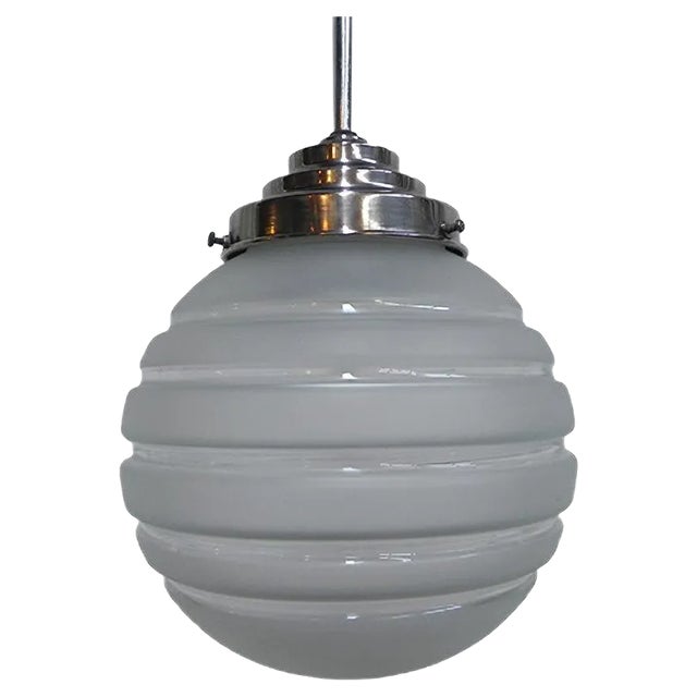 Art Deco Ribbed Glass Globe Ceiling Lamp, 1930s For Sale