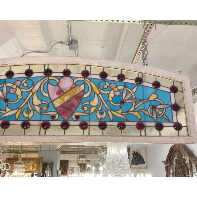 Early 20th Century Vintage Arched 29 Jewels Stained Glass Transom Window For Sale - Image 5 of 8