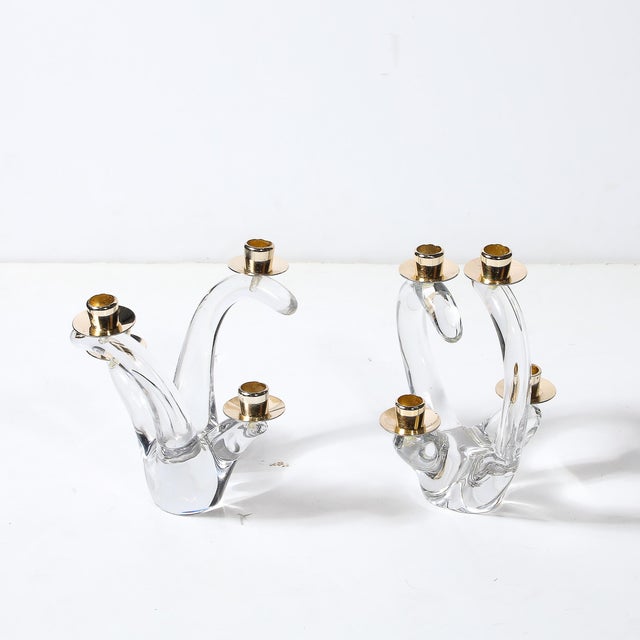 Transparent Pair of Mid-Century Amorphic Crystal & Brass 4 Arm Candelabras Signed Schneider For Sale - Image 8 of 15