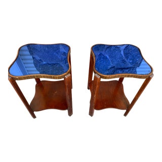 1930s Art Deco Cobalt Blue Mirrored Set of Side Tables - a Pair For Sale