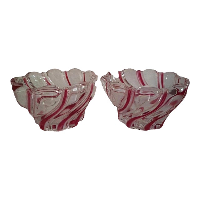 1990s Pair of Mikasa Peppermint Swirl Glass Candy Dish For Sale