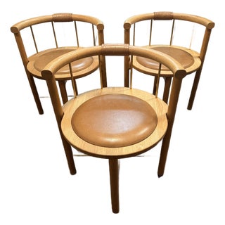 Crump & Kwash Montgomery Dining Chairs Set of 3 Oak Leather Brass For Sale