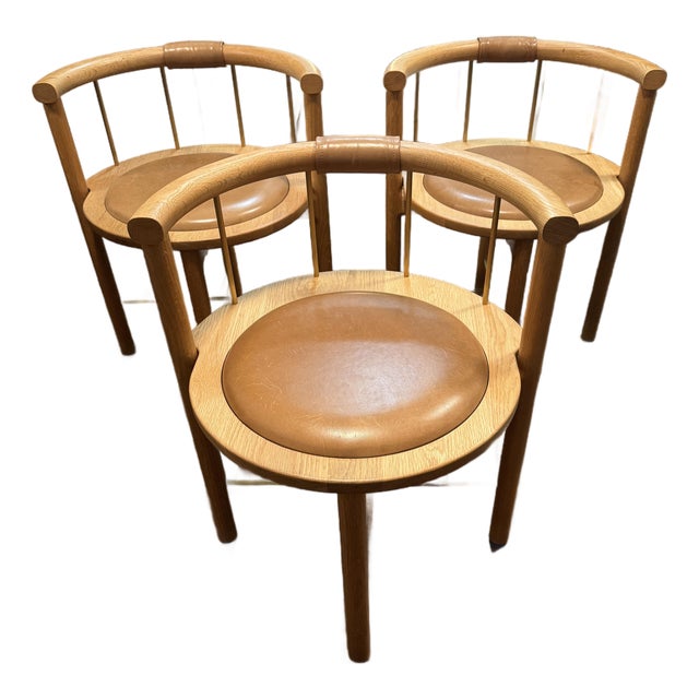 Crump & Kwash Montgomery Dining Chairs Set of 3 Oak Leather Brass For Sale