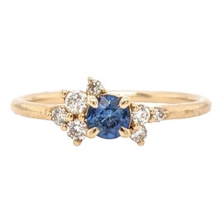 Cute Sapphire Ring W Earth Mined Diamonds in Solid 14k Yellow Gold | Round 4mm, Size 6.75 For Sale