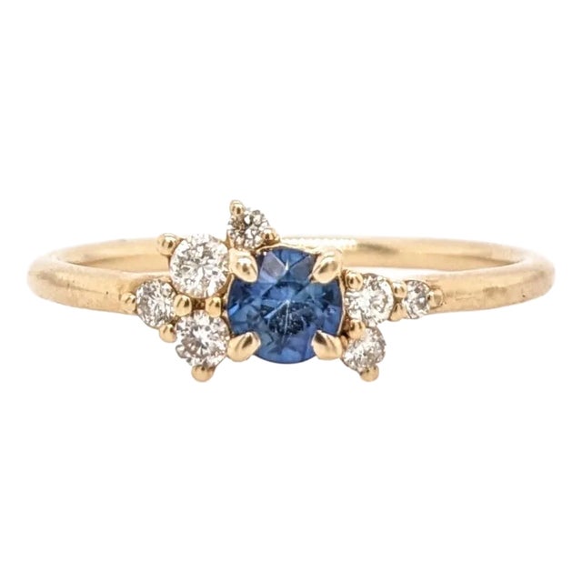 Cute Sapphire Ring W Earth Mined Diamonds in Solid 14k Yellow Gold | Round 4mm, Size 6.75 For Sale