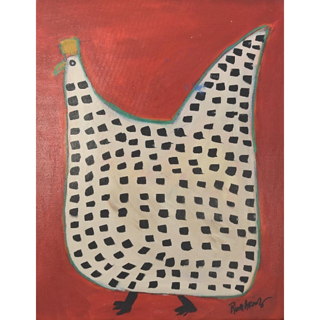 Folk art chicken hen rooster portrait oil painting on stretched artist's canvas. Signed by the talented artist Ruth Arenz,...