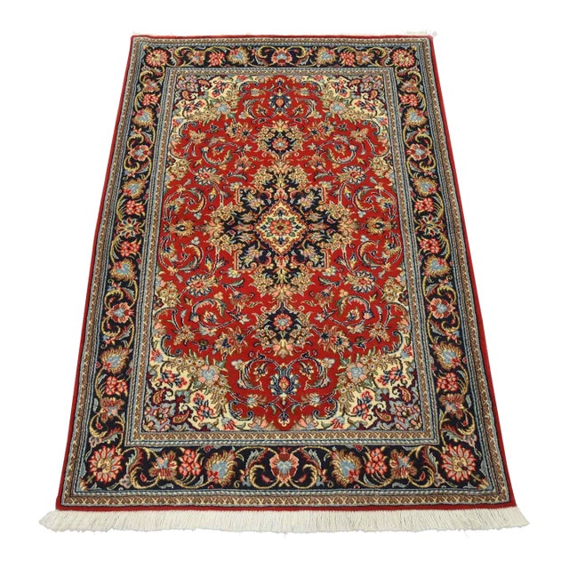 Fine Qom Rug 3’5” X 4’10” Red Wool/Silk Traditional Hand-Knotted Carpet For Sale