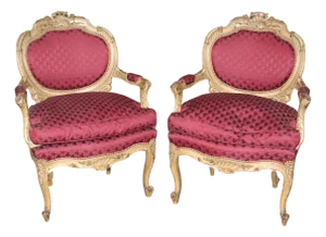 Pierce Carved Paint Decorated Pair of French Louis XV Armchairs Circa 1920s Era