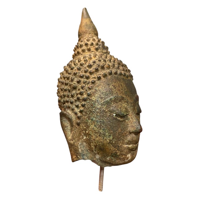 Antique Thai Bronze Buddha Head Statue Ayutthaya Rattanakosin Style on Stand 8" For Sale - Image 9 of 12