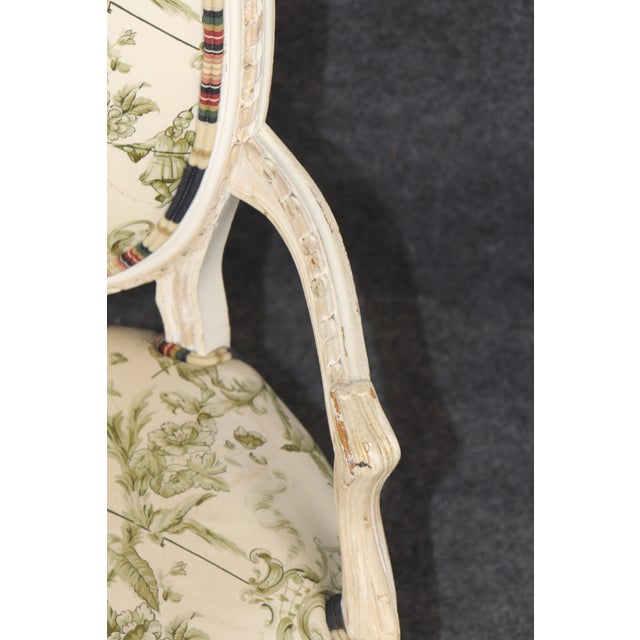 Pair of Distressed French Louis XV Style Painted Arm Chairs W/ Toile Upholstery For Sale - Image 13 of 14