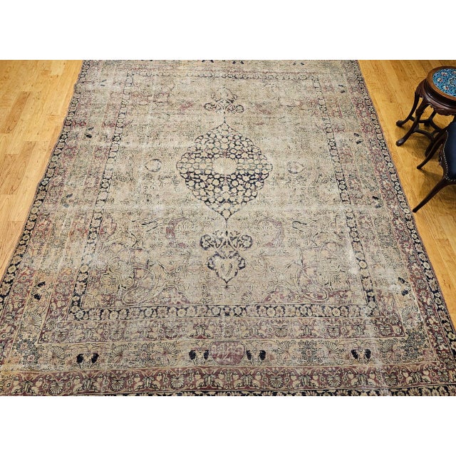 19th Century Persian Kerman Lavar Rug, Hand-Knotted Wool, Floral Pattern, Ivory & Black, 9x10 For Sale - Image 4 of 18