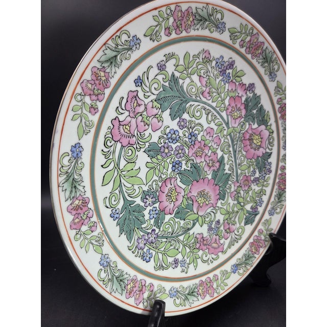 Pink Vintage Large Pink Floral Decorative Plate For Sale - Image 8 of 18