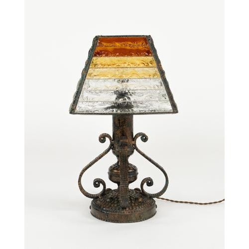 1970s Mid-Century Table Lamp Iron and Hammered Glass Longobard Style, Italy, 1970s For Sale - Image 5 of 14