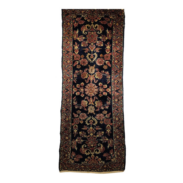 Early 1900s Persian Lilian Runner, Handwoven Allover Floral Design, Navy & Red, 3’ X 7’ For Sale