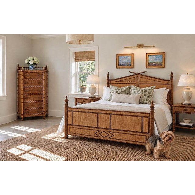 British Colonial Style Faux Bamboo & Woven Rattan Queen Bed in Tortoise Finish A distinctive faux-bamboo and woven rattan...