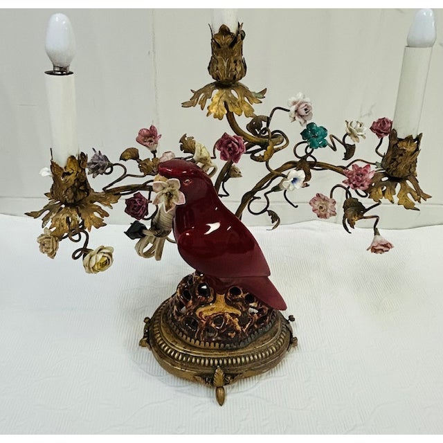 Ceramic Early 19th Century A Large Pair of Chinoiserie Regency Exotic Opposing Heron Gilt-Bronze-Mounted & Porcelain Parrot Candelabra For Sale - Image 7 of 16