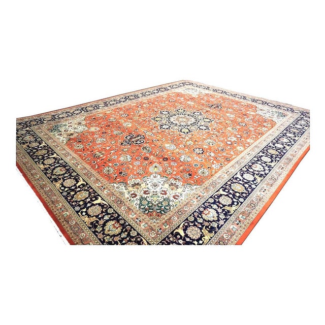 Persian Antique Persian Tabriz Wool 10x13 Rust, Navy & Ivory Handmade Area Rug #1143224 For Sale - Image 3 of 9