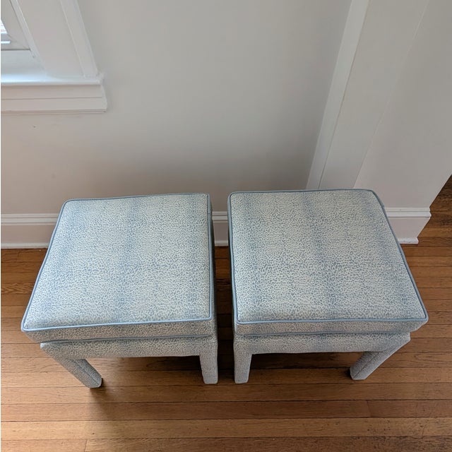 Blue Schumacher Mini Leopard Cloud Blue Parsons Ottomans - Pair For Sale - Image 8 of 13