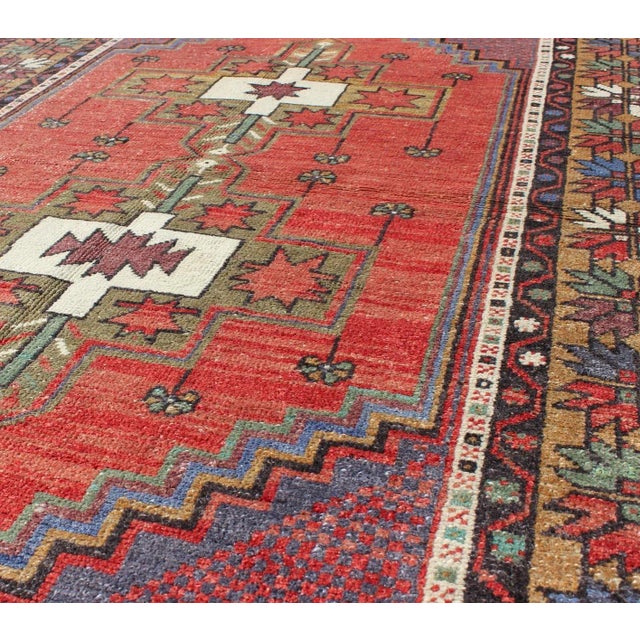 Mid 20th Century Mid 20th Century Vintage Turkish Oushak Rug With Tribal Medallion in Red Green Yellow & Purple For Sale - Image 5 of 7