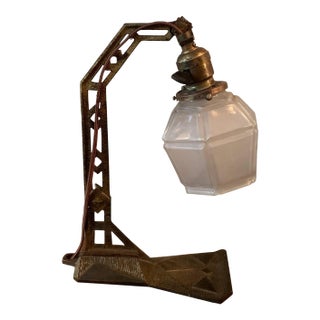 1920s Arts & Crafts Cast Iron Table Lamp with Frosted Glass Shade For Sale