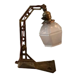 1920s Arts & Crafts Cast Iron Table Lamp with Frosted Glass Shade