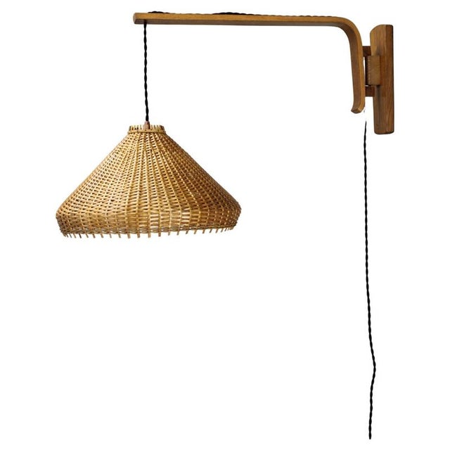 Adjustable Oak and Wicker Wall Lamp, Czechoslovakia, 1970s For Sale - Image 12 of 12