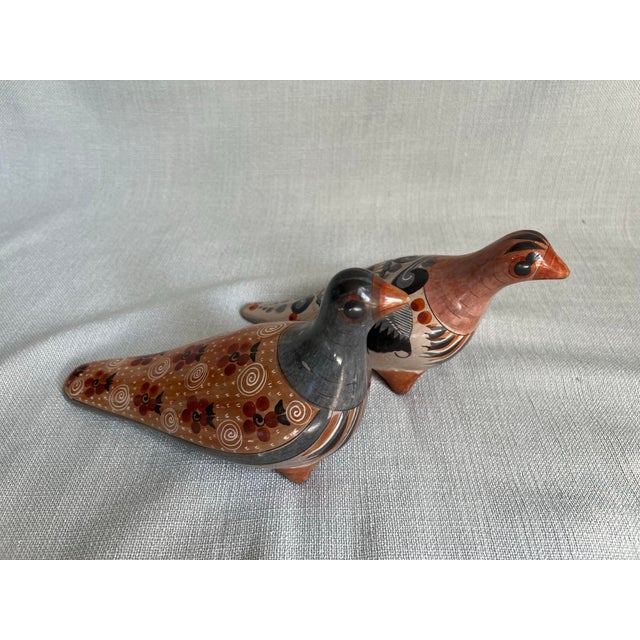 Pair of Vintage Mexican Folk Art Hand Painted Clay Bird Pidgeons For Sale - Image 9 of 12