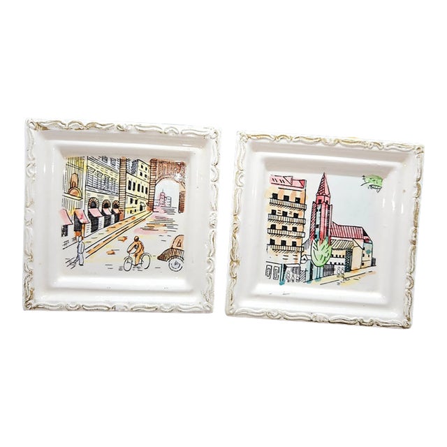Set of Two, Vintage Hand-Painted Ceramic or Porcelain Wall-Hanging Tiles For Sale