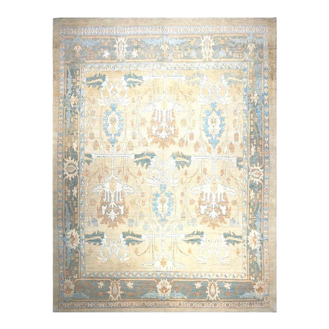 Turkish Donegal Wool & Hemp 11X15 Tan and Blue Handmade Area Rug #1140234 For Sale