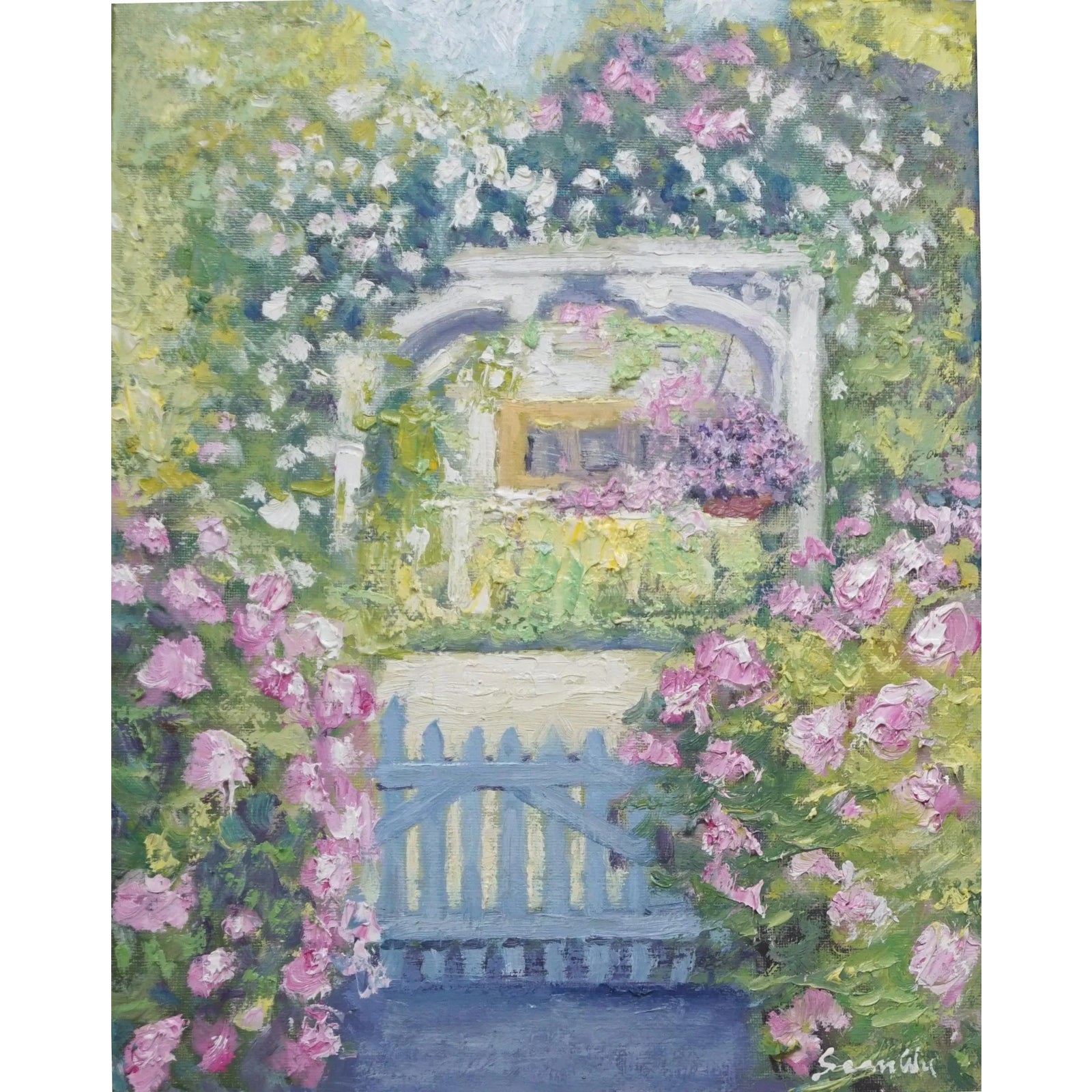 Original Impressionist Oil Painting, Garden Gate Surrounded by Flowers ...
